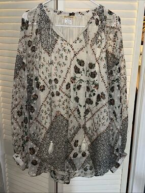 Sheer Floral Patchwork Peasant Blouse — Ivory with Olive and Brown